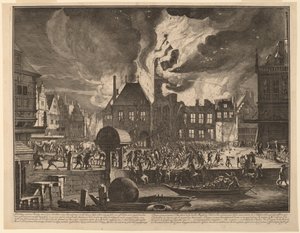 Afbrænding af det gamle Amsterdams rådhus af Jan van der Heyden