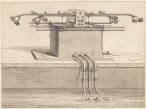 Dobbelt sugepumpe foran brandslangen af Jan van der Heyden