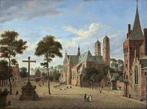 Udsigt over Køln med tårnene på St. Pantaleon og en imaginær version af skibet i Martinikirche i Emmerik. af Jan van der Heyden