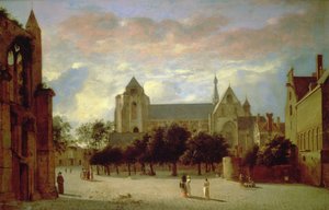 Udsigt over Grote Kerk ved Veere fra syd (olie på panel) af Jan van der Heyden