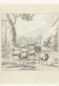 Landskab med en flok får nær et træ af Jan van der Meer (II)