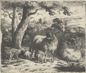 Stående får med to lam af Jan van der Meer (II)