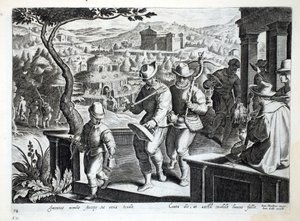 Fuglefangere på vej ud for at fange solsorte, illustration fra "Venationes, Ferarum, Avium, Piscium" (Om jagt: vilde dyr, fugle, fisk), graveret af Jan Collaert (1566-1628), udgivet af Phillipus Gall. af Jan van der Straet