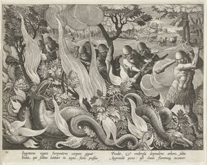 At fange slanger i Indien ved hjælp af køller og fakler til at tænde underskoven, pub. 1640 gravering. af Jan van der Straet