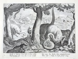 Slange brugt til elefantjagt, illustration fra "Venationes, Ferarum, Avium, Piscium" (Om jagt: vilde dyr, fugle, fisk), graveret af Jan Collaert (1566-1628), udgivet af Phillipus Gallaeus, Amster af Jan van der Straet