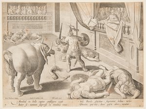 En romersk soldat, der kæmper mod en af ​​Hannibals elefanter, pl. 7 i serien Game, Birds and Fish