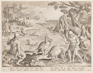 Indianere, der fanger fisk ved hjælp af pelikaner, tallerken 23 i Game of Game, Birds and Fish-serien af Jan van der Straet, called Stradanus