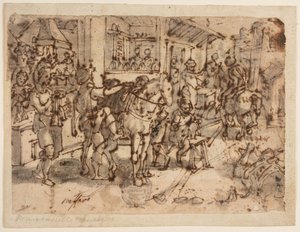 Opfindelsen af stigbøjlen, design for "Staphae, sive stapedes," pl. 9 i trykserien Nova Reperta (New Inventions of Modern Times). af Jan van der Straet, called Stradanus