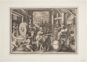 Oleum Olivarum (Produktionen af olivenolie), plade 12 i Nova Reperta (New Inventions of Modern Times)