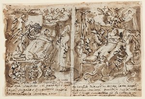 Side i en skitsebog; Himmelske magter hjælper fromme; Skitse til portræt af helgen; Dekoration af fronton af Jan van der Straet, called Stradanus