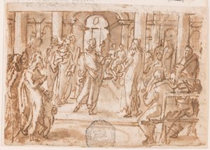 Peter og John Adspurgt af det høje råd, foreløbigt design til "Spiritus Scientiae" (Videnskabens ånd), plade 5 i printserien "Seven Gifts of the Holy Spirit" af Jan van der Straet, called Stradanus