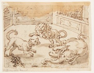 Rekto: Alexander den Store ser på en kamp mellem sin hund og en elefant og en løve; Verso: Verso: inskription vedrørende Plinius den Ældres naturhistorie, bog 8, kap. 61 af Jan van der Straet, called Stradanus