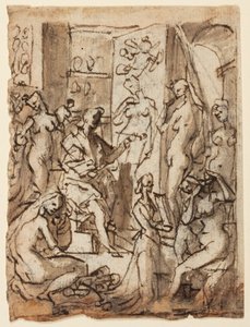 Rekt: Zeuxis maleri Helen; Verso: Studier af figurer til en illustration af den ottende cirkel, tiende bolgia af Dantes Inferno (forfalskninger: Mester Adamo, Sinon af Troja, Potifars kone) af Jan van der Straet, called Stradanus