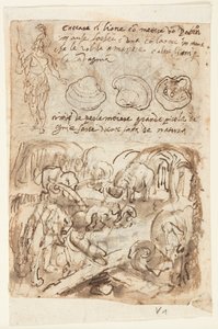 Recto, ovenfor, stående indisk figur, østersskaller. Recto, nedenfor: Elephants helping each Other Out of a Trap, fra Plinius