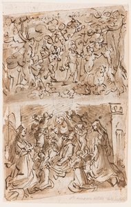 Recto, ovenfor: Unge St. Johannes Døberen guidet af Engle i ørkenen; Recto, nedenfor: Sacra Conversazione med Sts. Barbara og Catherine; Verso, ovenfor: Cruxifiction; Verso, nedenfor: Kristus helbreder lammede nær Bethesda-dammen af Jan van der Straet, called Stradanus