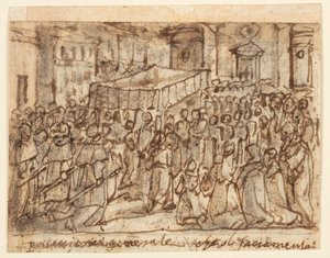 Skitsebogsside med procession med værten og pavelig messe af Jan van der Straet, called Stradanus