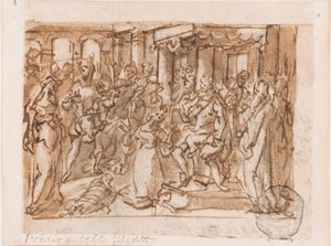 The Judgment of Salomon, foreløbig design til "Spiritus Sapientiae" (Visdommens ånd), plade 1 i printserien "Helligåndens syv gaver" af Jan van der Straet, called Stradanus
