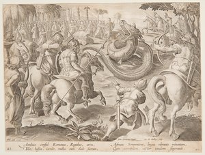 Den romerske konsul Attilius Regulus kæmper mod en kæmpe afrikansk slange, plade 25 i Wild Hunts-serien