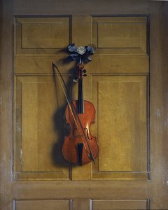 Violin og sløjfe hængende på en dør (olie på lærred lagt på træpanel) af Jan van der Vaardt