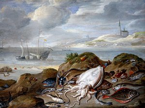 Et landskab ved en flodmunding med fisk på en klit (olie på kobber)
