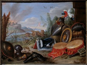 Trofæ af våben. Maleri af Jan I Kessel Den Gamle (1626-1679) Ec. Flam.