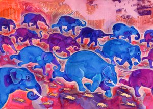 Elephants, 1998, (blæk og gouache) af Jane Tattersfield