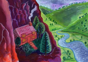 Hus i bjergene,2002, (blæk og gouache) af Jane Tattersfield