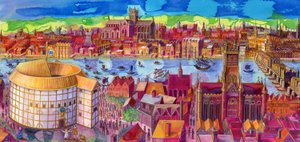 Shakespeares Globe Theatre på Southbank, 2006, (blæk og gouache) af Jane Tattersfield