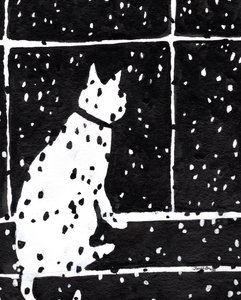 Cat in Window Durning Snow Storm, ca. 2019 (blæk på papir)