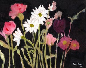 Blomster med tusindfryd, ca. 2024 (kul, akvarel, kasein og blyant på papir) af Janel Bragg