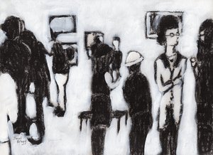 Gallery Opening In Charcoal and Gesso, ca. 2017 (trækul og gesso på papir) af Janel Bragg