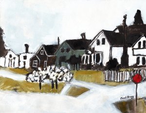 Houses on 7th Street, ca. 2020 (akvarel, kasein og kul på papir) af Janel Bragg