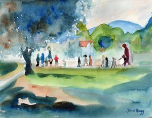 Montessori School Crossing the Street, ca. 2015 (vandmedie på papir) af Janel Bragg