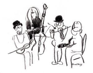 Musikere ved den victorianske festival, ca. 2021 (kul på papir) af Janel Bragg