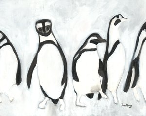 Penguins at Woodland Park Zoo, ca. 2021 (sumi-blæk og gesso på papir) af Janel Bragg