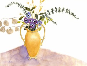 Stilleben med lilla blomster og engelsk vase, ca. 2024 (vandteknik på papir) af Janel Bragg