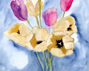Tulipaner på mors spisebord, ca. 2016 (kasein og akvarel på papir) af Janel Bragg