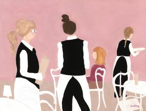 Servitricer fra Cafe Sabarsky i pink og beige, ca. 2024 (vandteknik på papir) af Janel Bragg