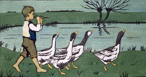 Processionen (træsnit på papir) af Janet Fisher