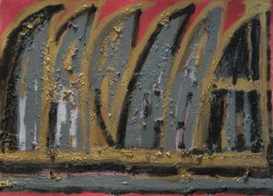Burning House, 2013 (gouache, træaske og bladguld på papir) af Janet McKenzie