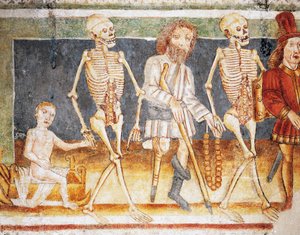 Hrastovlje befæstede kirke, Treenighedskirken, Døden, der ledsager barn og fattige, Dødedansen (1490), detaljer fra fresker af Janez Iz Kastva (1490), Slovenien