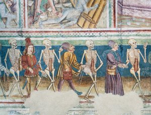 Hrastovlje befæstede kirke, Treenighedskirken, Døden, der ledsager købmand og velhavende bankmand, Dødedansen (1490), detaljer fra fresker af Janez Iz Kastva, Slovenien