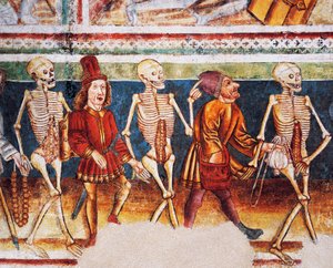 Hrastovlje befæstede kirke, Treenighedskirken, Døden, der ledsager købmand og velhavende bankmand, Dødedansen (1490), detaljer fra fresker af Janez Iz Kastva, Slovenien