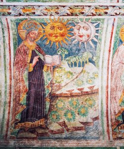 Hrastovlje befæstede kirke, Treenighedskirken, Genesis, Gud skaber sol, måne og stjerner (1490), detaljer fra fresker af Janez Iz Kastva, Slovenien