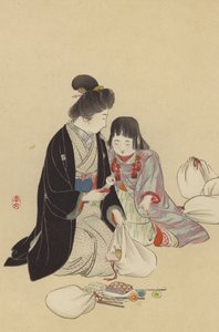 En mor og hendes pige arrangerer gaver, der skal sendes til fronten (chromolitho) af Japanese School