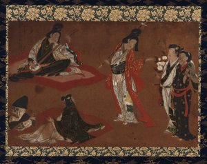 A Picnic Party, hængende rulle (monteret på panel), tidligt 17. århundrede (farve og guld på papir) af Japanese School