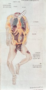 Et krop uden inderbuk fra dissektion af et torturoffer fra 1796, fra en makimono af en Midori-læge, 1842 (pen & blæk og wc på papir) af Japanese School