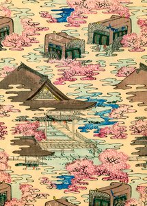 Abstrakt landskab med huse af Japanese School