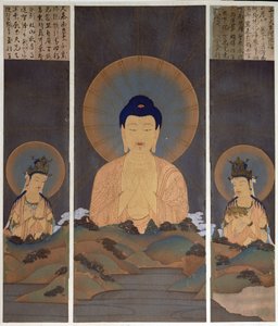 Tilsynekomst af den buddhistiske treenighed, Buddha Amitabha og hans to bodhisattvaer, Kannon (medfølelse)  Seishi (visdom) på bjerget, illustration fra magasinet 