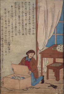 Audubon åbner sin æske med akvareller ødelagt af norske rotter, ca. 1872-77 af Japanese School